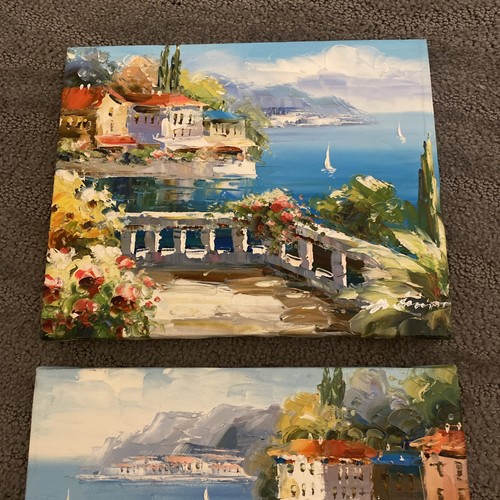 Dipinto olio vista baia mare italiano stile Rossini firmato 8” x 10” coppia di 2 - Foto 9 di 12