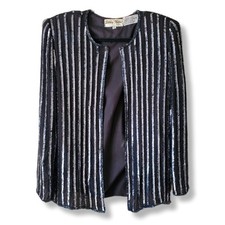 VTG 80S Black Silver Sequin Beaded Jacket Blazer MP NYE Cocktail Party Event