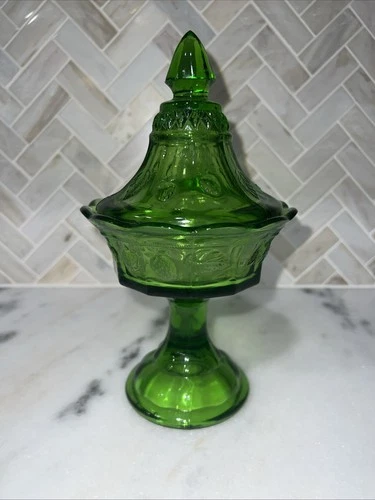 Vintage Vaseline Green Depression Glass Footed Candy Dish With Lid