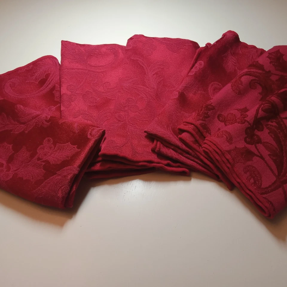 Vintage Satin Holiday Christmas Dark Red Holly Berry 17" Dinner Napkins 7 pc - Image 4 of 4