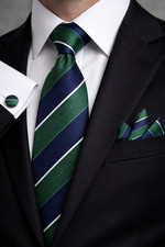 Blue Green Striped Necktie, Hanky, Cufflinks Set