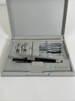 PARKER Calligraphy Fountain Pen Set 3 Nibs 4 Cartridges Case Box Vintage
