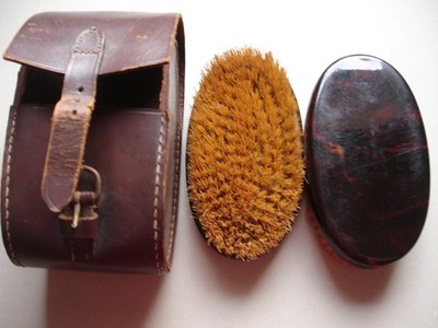 Pair Vintage Faux Tortoiseshell Clothes Brushes in Leather Case - Please Read