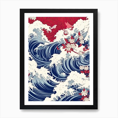 Great Wave With Lily Flower Drawing Framed Wall Art Poster Canvas Print Picture