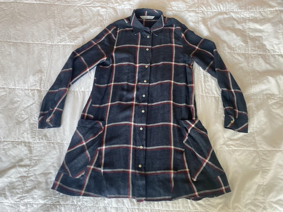 Zara Basic Shirt Dress Womens XS Plaid Long Sleeve Button Up Pockets flannel - Image 2 of 4