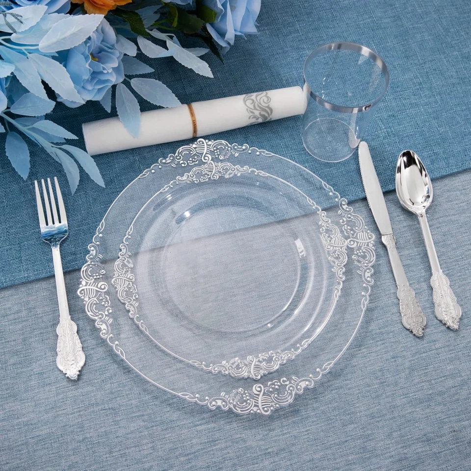 175 PIEZAS Placas de Plástico Plateado Transparente -Incluye 50 Platos, 25 Tazas, 25 Horquillas, 25... Foto 4 de 4