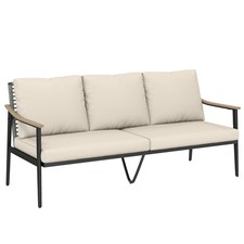 Outsunny 3 Seater Rattan Garden Sofa with Wood-Effect Arms, Cushions, Khaki