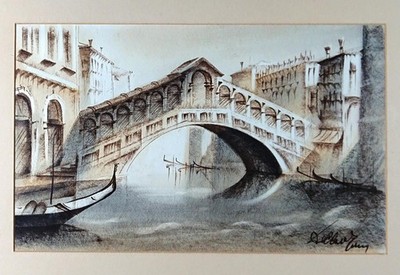 Original Kunst Aquarell Gemälde Venedig Rialtobrücke signiert gerahmt