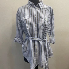 Lauren Ralph Lauren Petite Striped Linen Belted Shirt, Blue White Black NEW