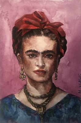Original Watercolor Painting, Female Portrait Figure, Frida Khalo, Mini Art