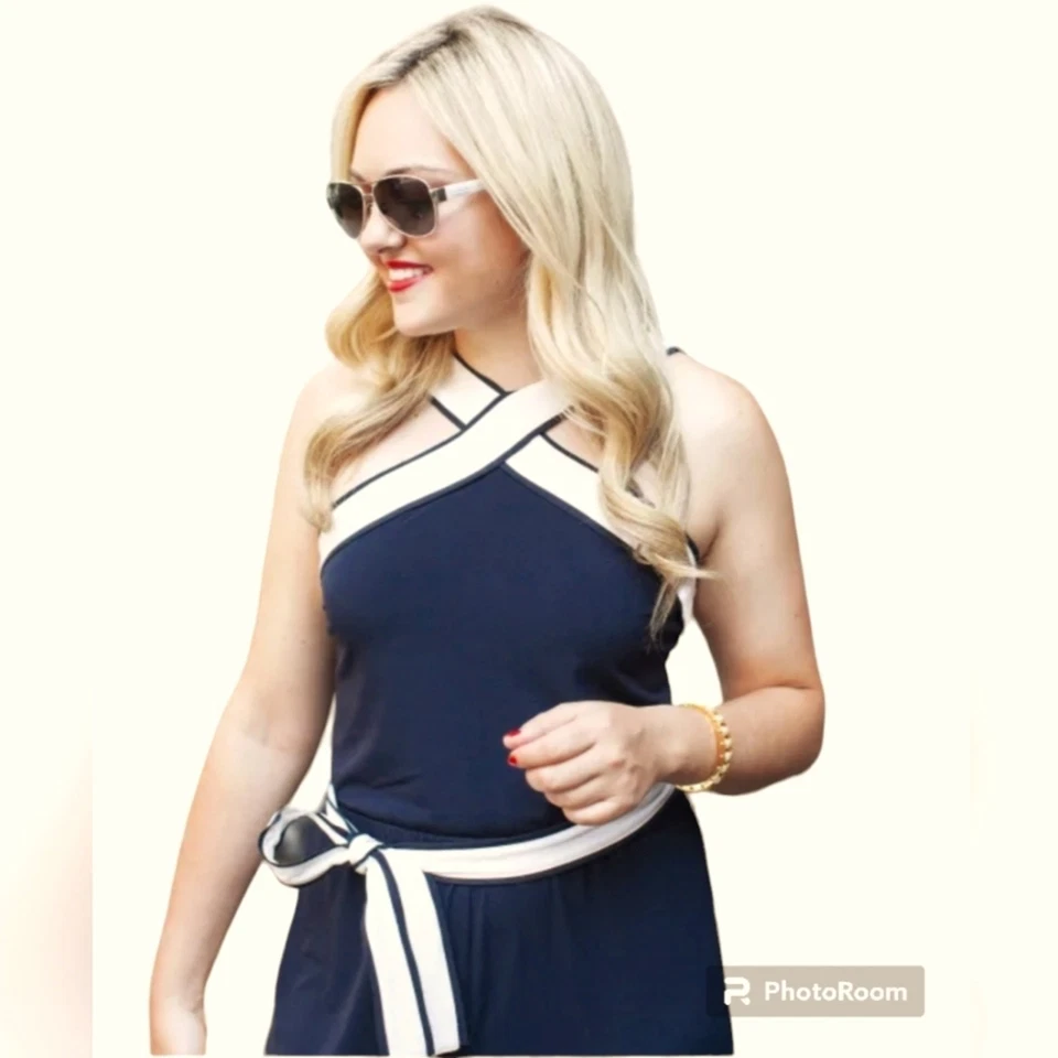 Macacão Ann Taylor azul marinho branco com cinto sem mangas perna reta casual tamanho 8 - Imagem 2 de 4