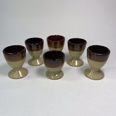 Earthenware Egg Cup Collection Brown Tricolor Bean Pot Pattern Mixed Lot 6 Vtg
