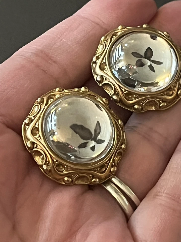 Cabochão de vidro vintage clipes de sapato brilho lua espelho tom dourado anos 80 glamour divertido - Imagem 3 de 4