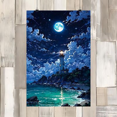 Light House Full Moon Cloudy Night Landscape Matte Vertical Posters 