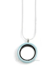 Floating Charm Memory Locket Necklace Blue Enamel 30mm With Snake Chain