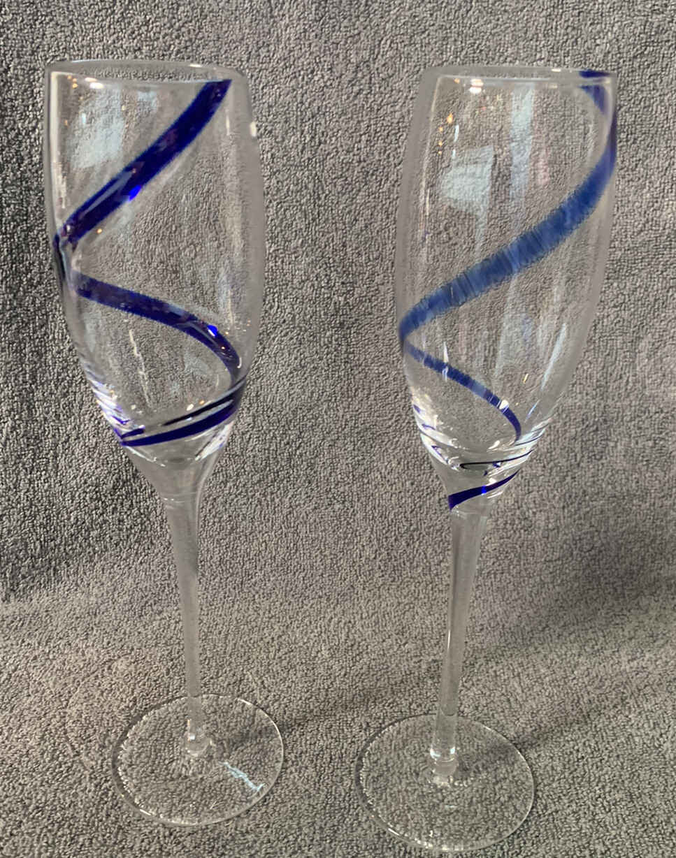 Pair Swirline Pier 1 Champagne Flutes Discontinued Cobalt Blue Swirl