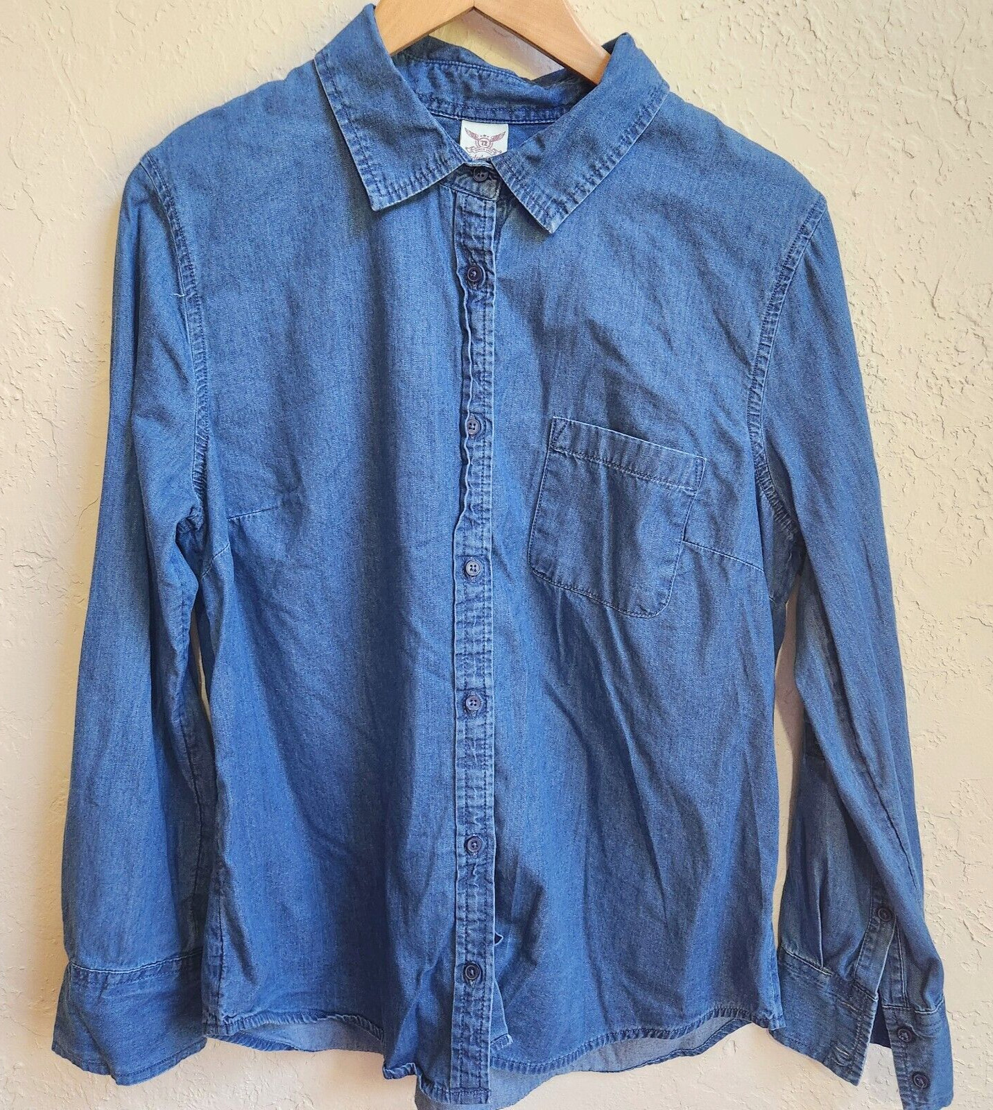 Faded Glory Denim Shirt Women Large 12-14 Roll Up Long Sleeves