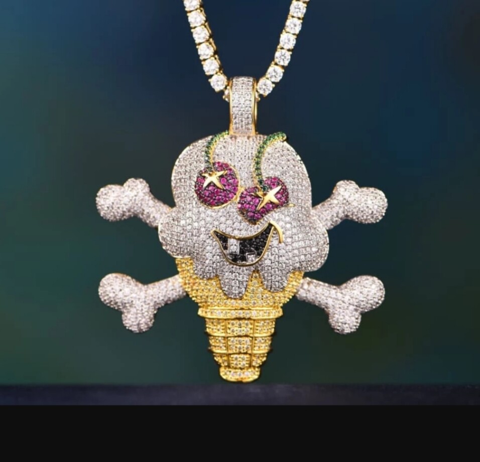 Men's Cherry Ice Cream With Two Bones Skull Pendant in ct Cubic  Zirconia