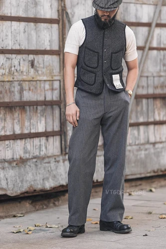 Men's 1930's Black and Grey Stripes Pants Vintage Style Suit Trousers retro - Picture 5 of 18