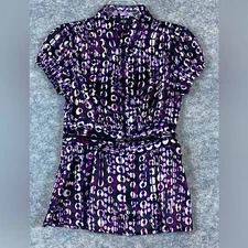 AGB Vintage Y2K Purple Circle Print Blouse Belted Waist Ragland Sleeve Size S