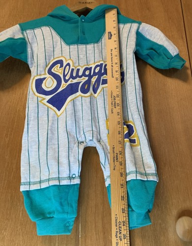 Vintage Small Stars Hooded Romper Baseball Slugger #12 Gray & Green 18 Months  - Picture 8 of 13