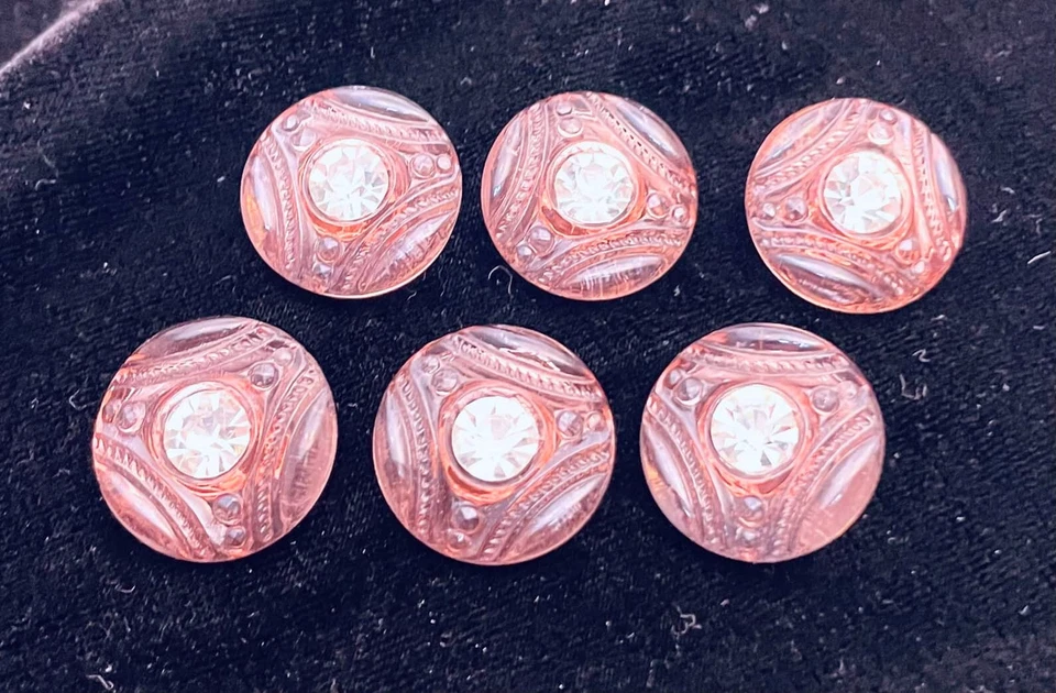 SET OF 6 (SIX) Light Pink CZECH GLASS BUTTONS WITH RHINESTONE 9/10" 22 mm - Image 3 of 4