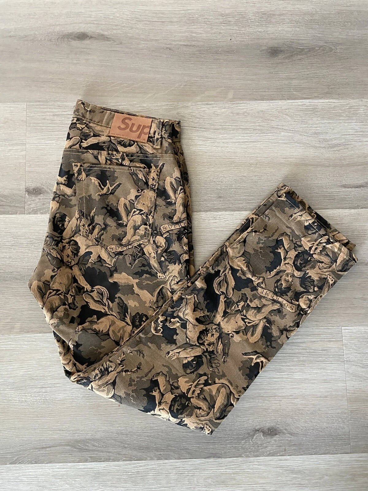 Jean denim Supreme Cherub 5 poches FW16 taille 32 marron doré pantalon anges