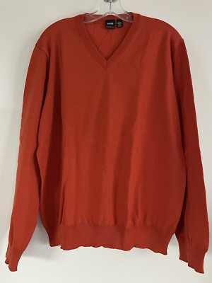 Hugo Boss Men’s 52/Large Extra Fine Merino Wool V Neck Pullover Sweater  Orange