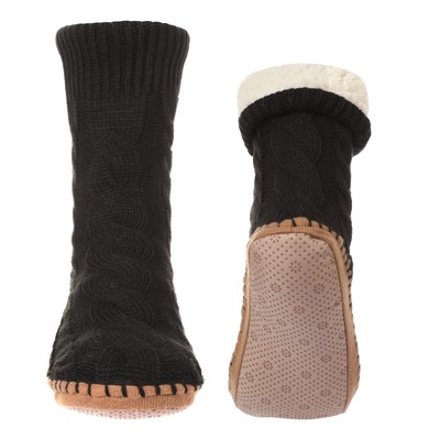 Slipper Socks for Women Grippers Black Thick Lined Knit Slipper Sock With Sol