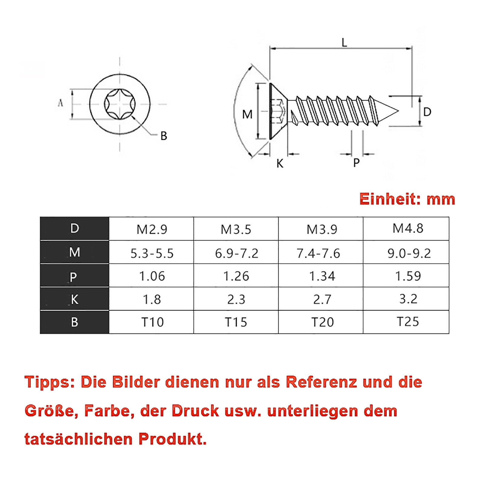 Blechschrauibe DIN 7981 / DIN 7982 Linsenkopf /Senkkopf TORX Edelstahl ...