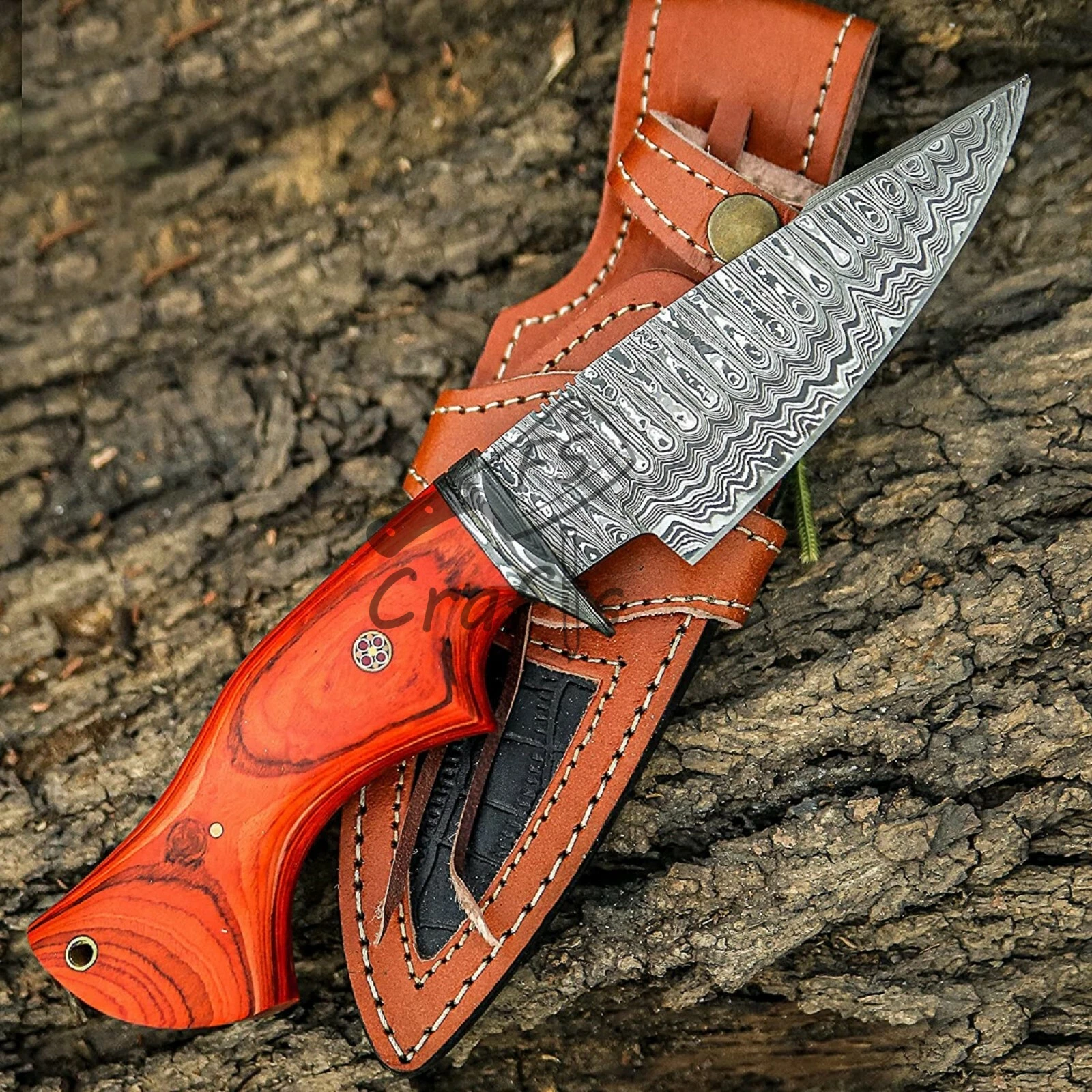 10" Handmade Damascus Steel Camping Hunting Knife Orange Wood Handle Bowie Knife