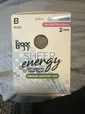 L'eggs Sheer Energy Tights. Size B, Nude. Control  Top. No Roll Waistband 2 Pair