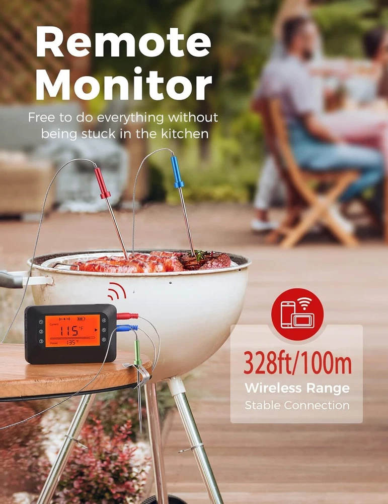 Meat Thermometer Digital Wireless Smoker Thermometer With 4 Colored Probes Bluet