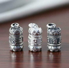 Sterling Silver Lotus Prayer Box Om Ash Locket Cylindrical Pendant A2791