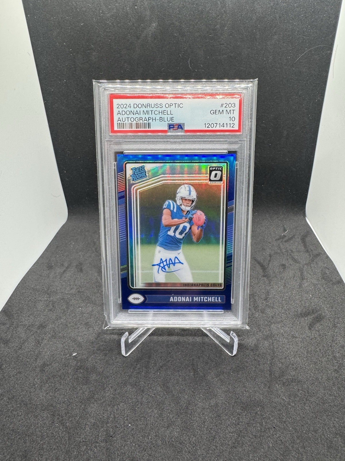 2024 Panini Donruss Optic Adonai Mitchell Autograph Blue /99 #203 (RC, AU) Colts