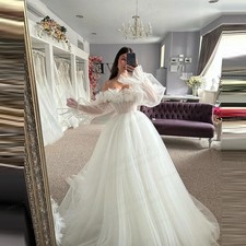 Flowers Wedding Dresses Illusion Long Sleeve Off Shoulder Bride Gowns Backless