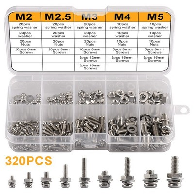320PCS Stainless Steel Screws and Nuts Bolts Assortment Kit M2 M2.5 M3 M4 M5