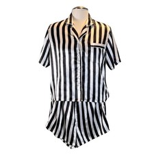 Vintage 2-Piece Black and White Striped Satin Pajama Button Top and Shorts M