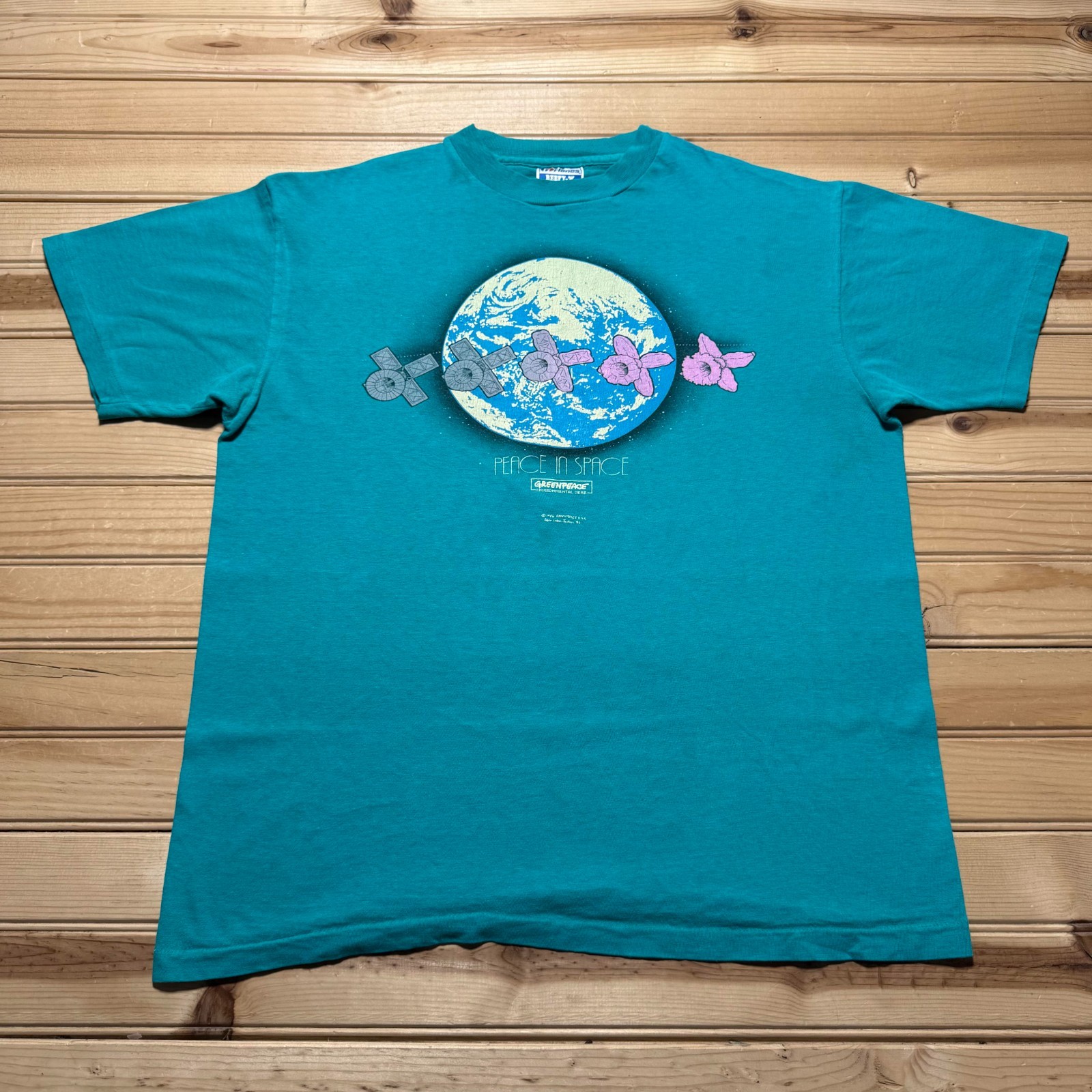 Vintage 80s 1986 Greenpeace Peace in Space Earth Satellite Shirt USA Made Large