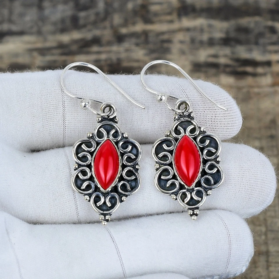 Naturale Corallo Rosso Gemma Orecchini 925 Argento Sterling Mano Gioielli Regalo - Immagine 3 di 4