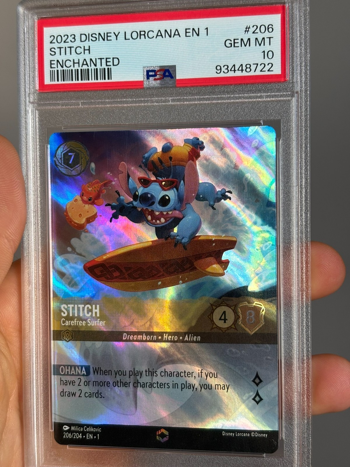 Disney Lorcana Stitch Carefree Surfer Enchanted 206/204 PSA 10 Gem Mint