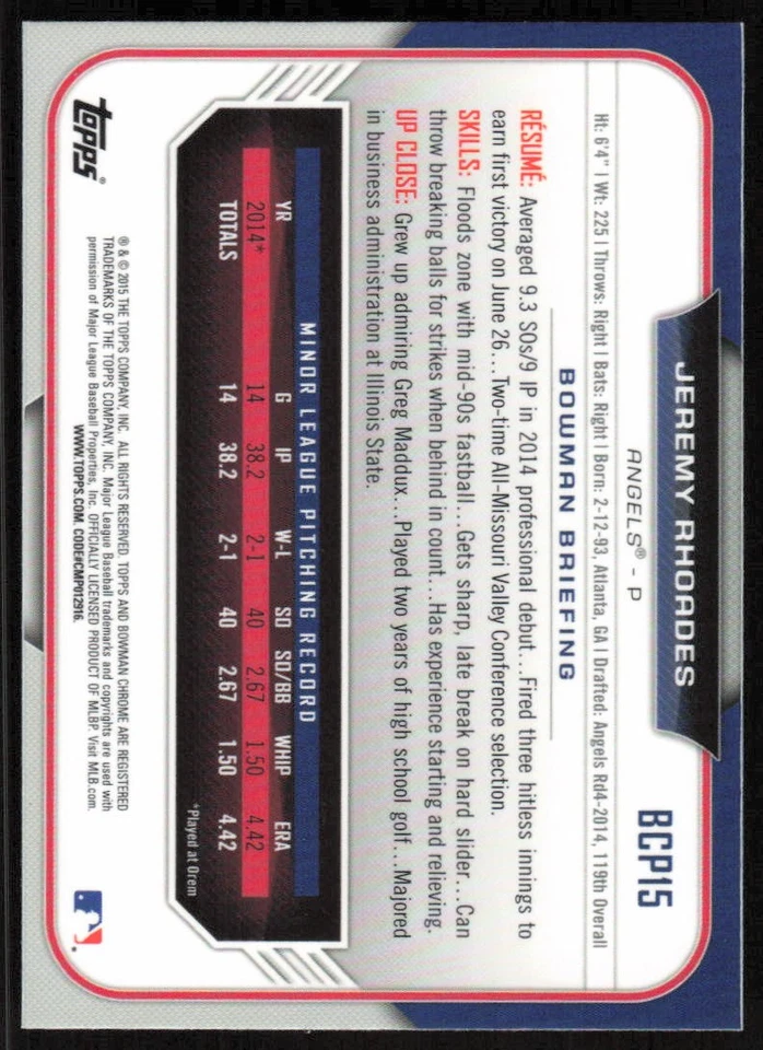 2015 Bowman Chrome #BCP15 Jeremy Rhoades - FREE SHIPPING - Image 2 of 2