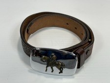 VINTAGE JUSTIN TOP GRAIN COWHIDE EMBOSSED BROWN BELT COWBOY ON HORSE BUCKLE 30