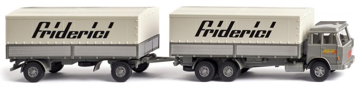 WIKING, Flatbed truck with trailer HANOMAG 6X4 Henschel Friderici 2-axle trai...