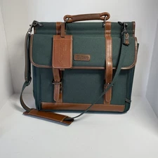 Targus Forest Green Waxed Canvas W/ Brown Leather Briefcase Laptop Bag-Shoulder