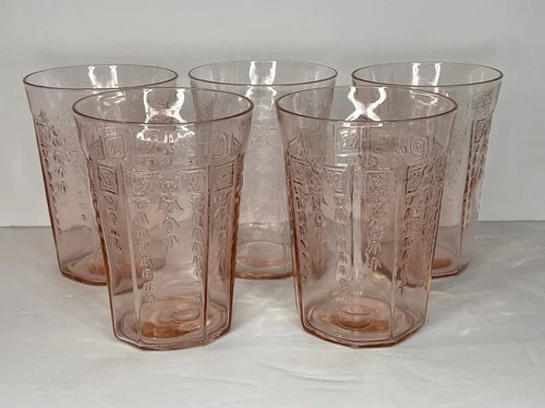 5 Vintage Anchor Hocking Pink Depression Glass “Princess” 9oz Flat Tumblers
