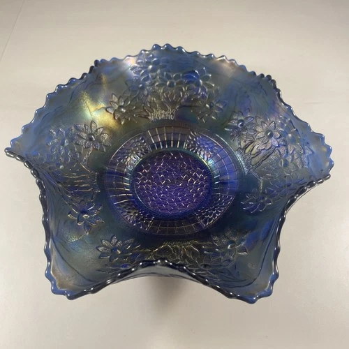 FENTON IRIDESCENT ORANGE TREE & BEARDED BLACKBERRY COBALT CARNIVAL BOWL