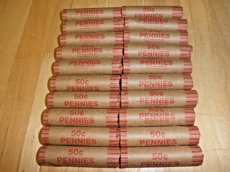 Twenty (20) rolls wheat cents, Assorted dates and mintmarks