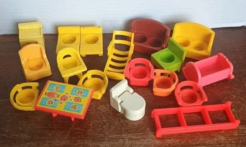 Vintage Fisher Price Little People furniture Lot of  18 pcs chairs table toilet
