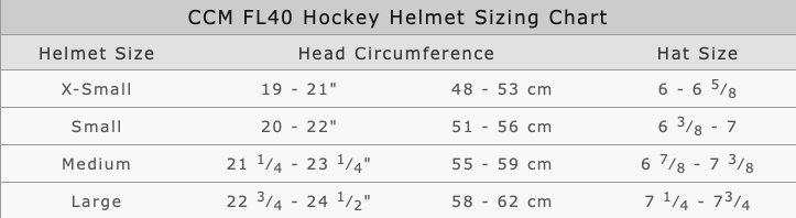 Ccm Fl40 Size Chart